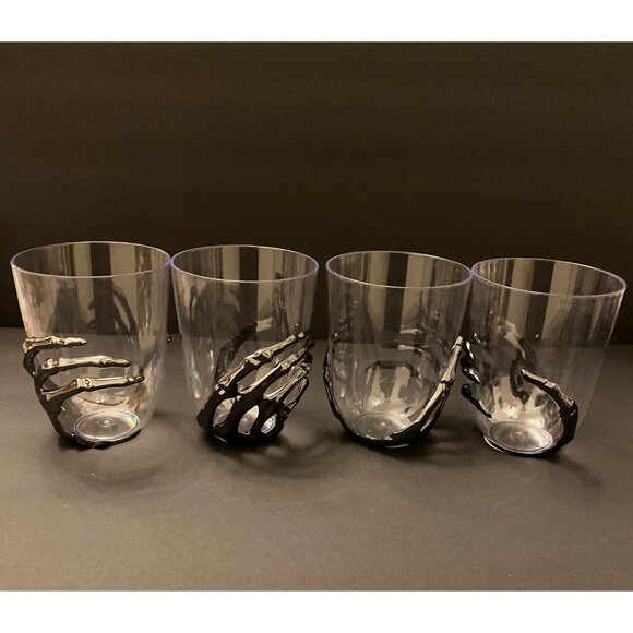 Set of 4 Metallic Silver look 3D Skeleton Hand Cups plastic Party Glasses 3-D - Picture 4 of 4